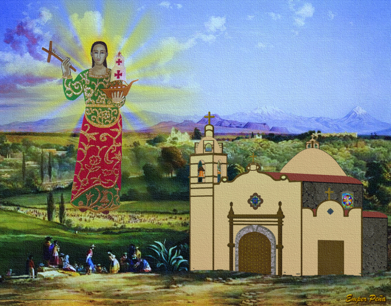 El Pueblo de Santa Ursula Xitla ilustrado con el templo y la Santa Patrona la Virgen Santa Ursula Mártir, detras se puede apreciar la Parroquia de San Agustín de las Cuevas y al fondo los Volcanes 